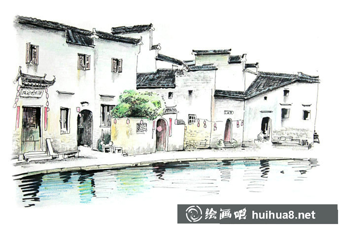 宏村速寫作品欣賞_風(fēng)景速寫圖片