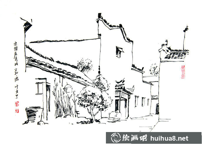 宏村速寫作品欣賞_風(fēng)景速寫圖片