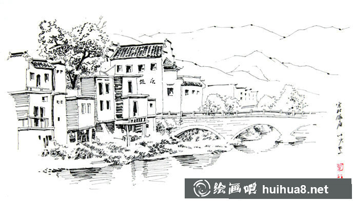 宏村速寫作品欣賞_風(fēng)景速寫圖片