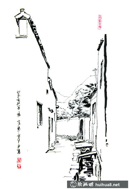 宏村速寫作品欣賞_風(fēng)景速寫圖片