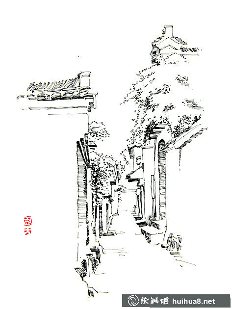 宏村速寫作品欣賞_風(fēng)景速寫圖片