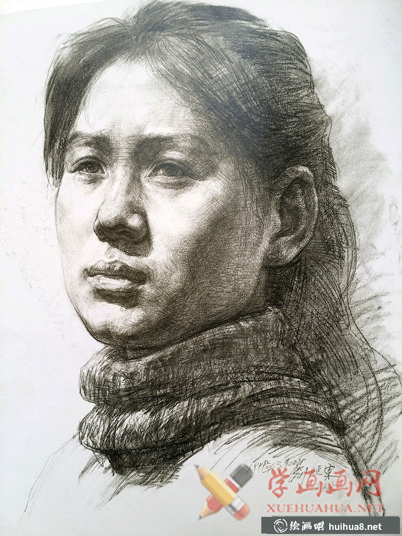 優(yōu)秀素描頭像作品_四分之三側(cè)面女青年素描圖片(1)