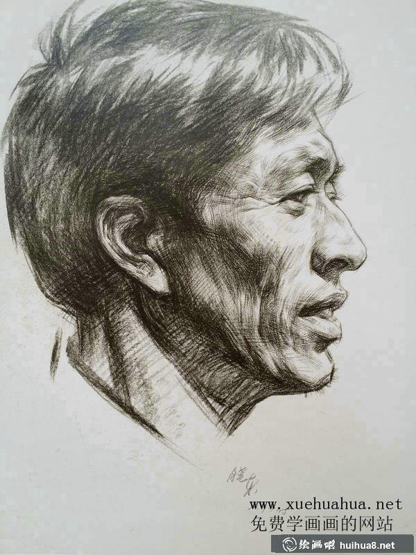 側(cè)面中老年男子頭像素描圖片(1)