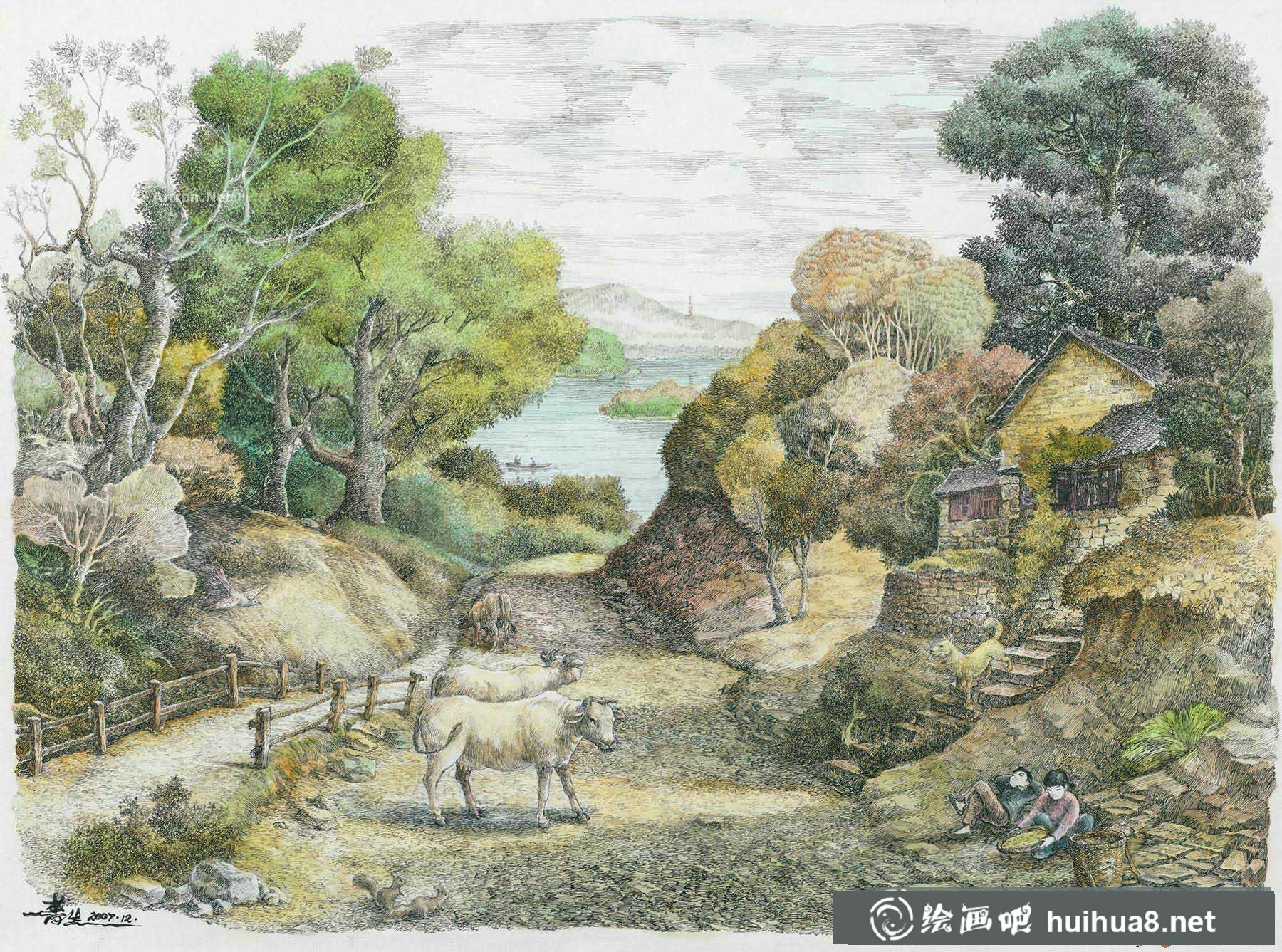 《龍井山村風(fēng)光》鋼筆畫高清圖片(1)