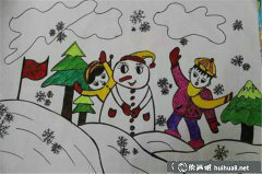 水彩畫兒童堆雪人賞析