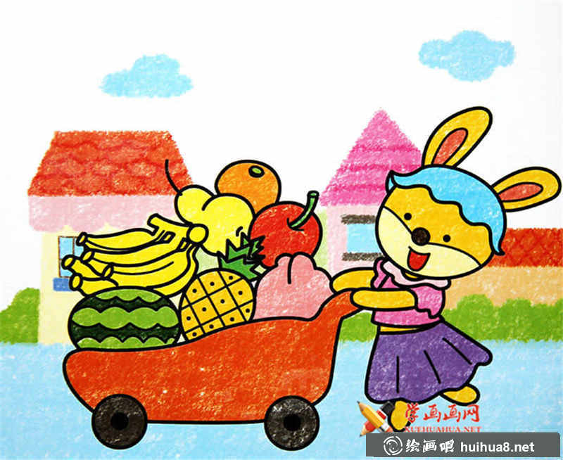 兒童油棒畫小兔子的水果車(1)