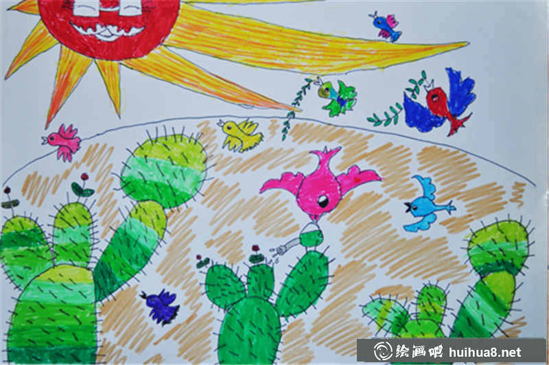兒童水彩畫(huà)沙漠里的小鳥(niǎo)(1)