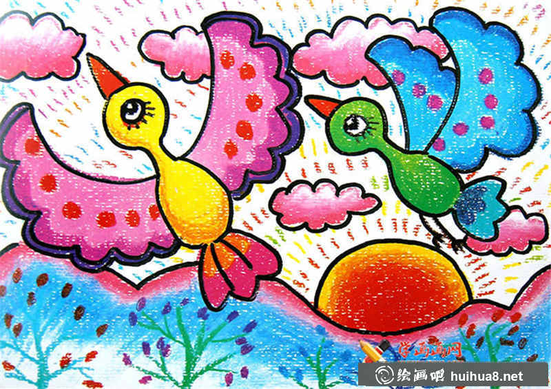 油棒畫(huà)作品飛翔的鳥(niǎo)兒(1)