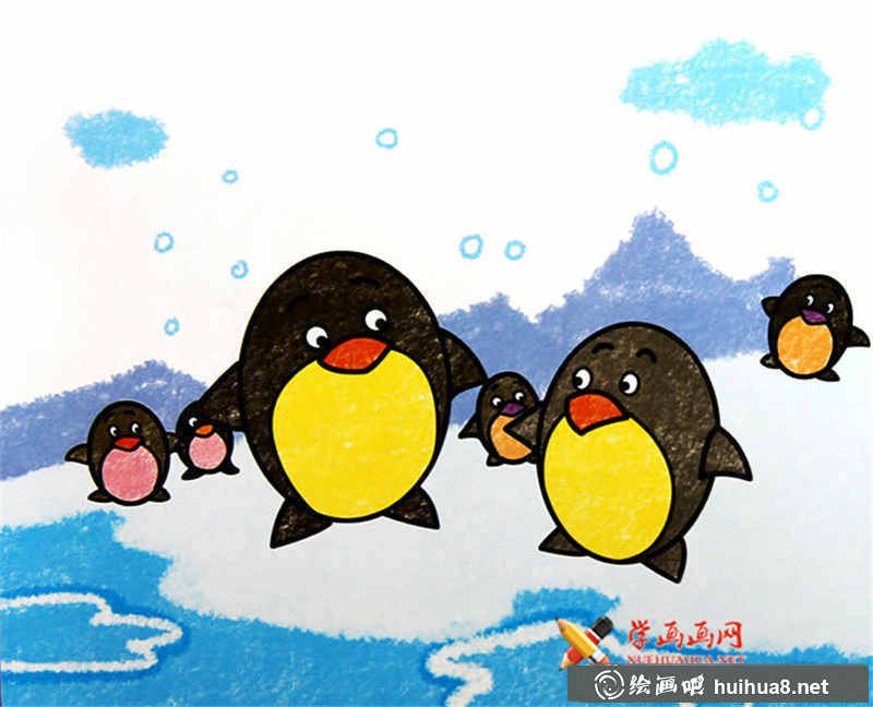 動(dòng)物油棒畫兒童畫小企鵝(1)