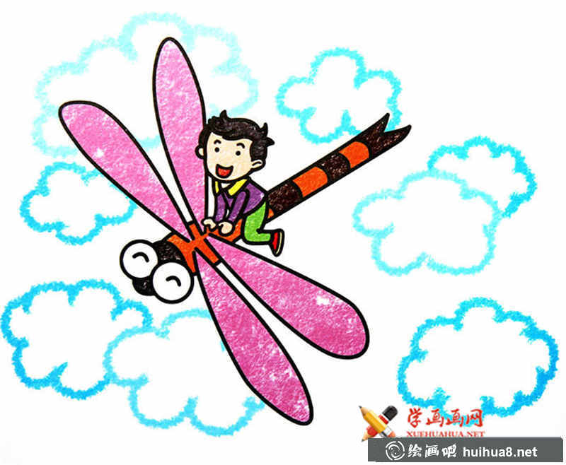 兒童油畫棒騎著蜻蜓的小朋友