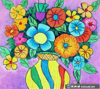兒童水彩繪 鮮花瓶插滿