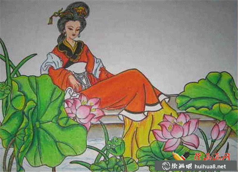 兒童中國畫美女賞荷(1)