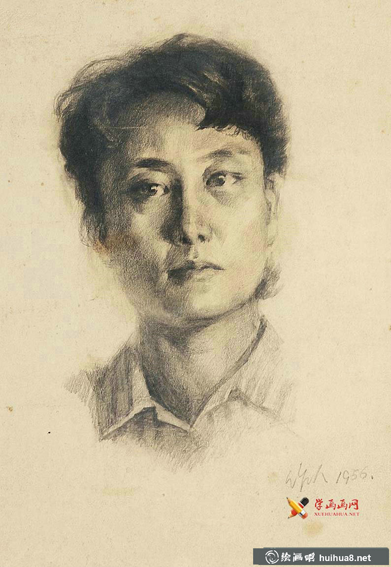 中年女子正面頭像素描畫(huà)一幅（吳作人作品）(1)