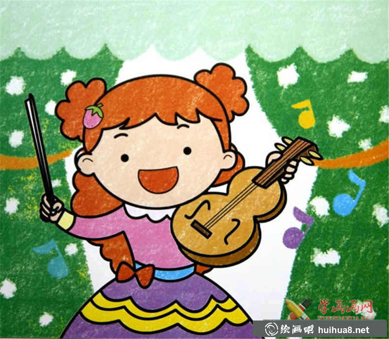 兒童油畫棒作品拉小提琴的小女孩