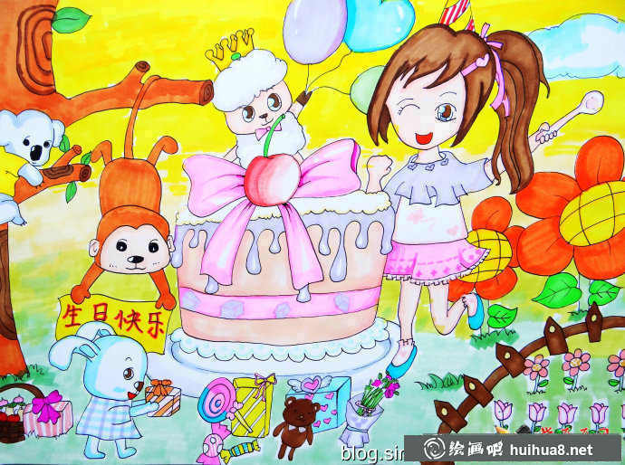 兒童水彩畫作品《小羊過生日》(1)