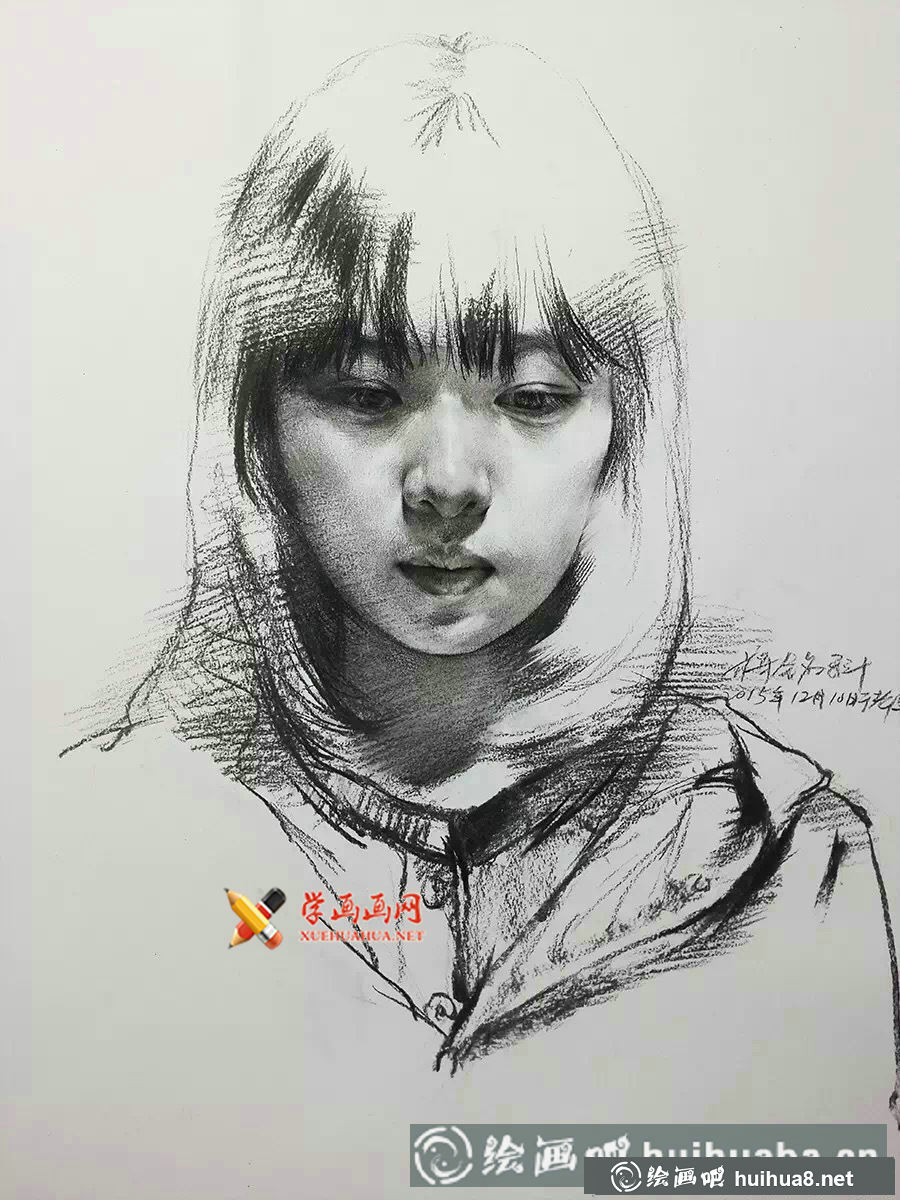 老鷹畫室蔣銘科素描頭像作品欣賞，共9幅素描頭像圖片，分別為8幅女子與1幅老年男子素描畫