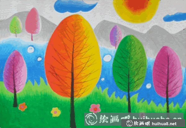 兒童水彩畫《五彩的樹林》(1)