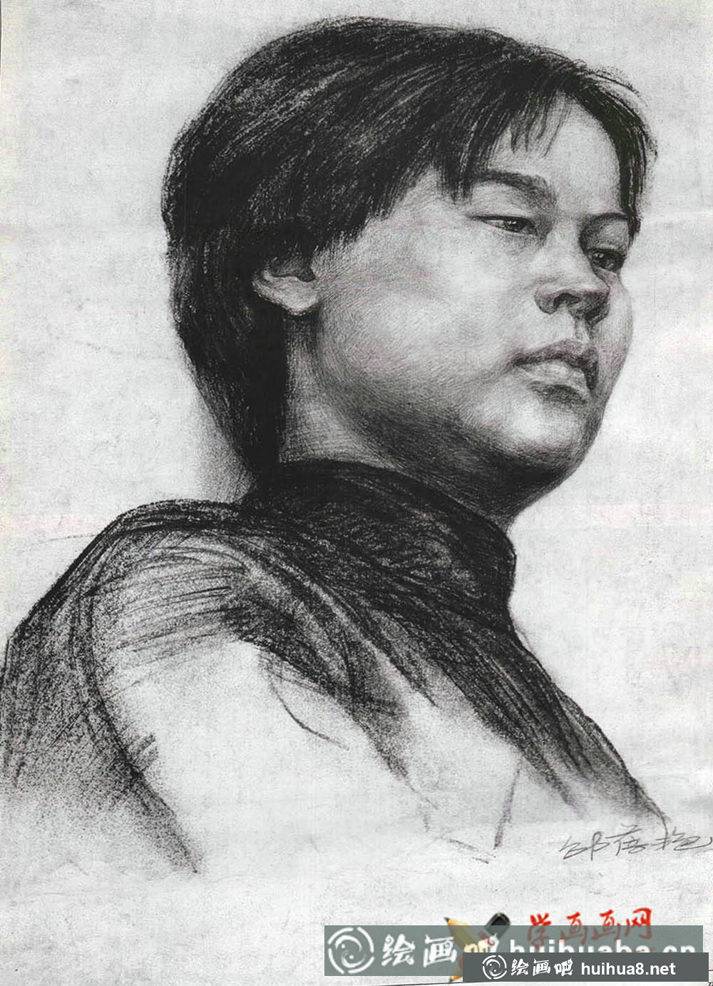 中國美院素描頭像作品：女青年頭像素描范畫(1)