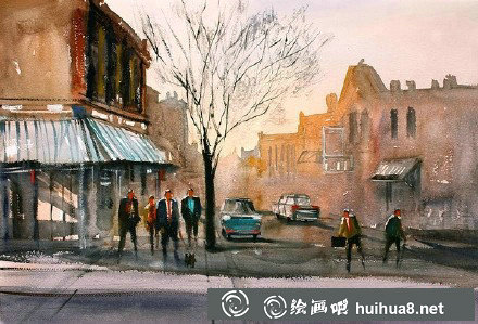 晚秋都市街景水彩畫