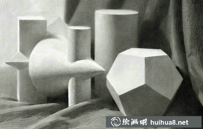 立方體與圓錐體組合素描