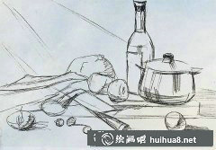 水粉靜物畫教程不銹鋼鍋油瓶花菜青