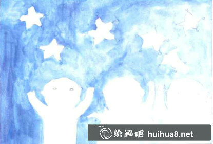三個(gè)小朋友仰頭數(shù)星星的畫作
