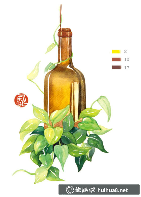 水彩透明玻璃和綠葉植物的畫法