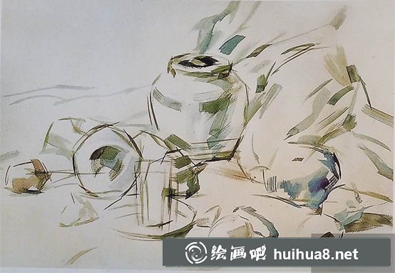 靜物水彩畫教程（黃綠襯布、水杯、白菜、土豆、蘿卜組合）