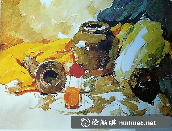 靜物水彩畫教程（黃綠襯布、水杯、白菜、土豆、蘿卜組合）