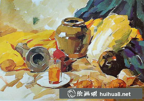 靜物水彩畫教程（黃綠襯布、水杯、白菜、土豆、蘿卜組合）