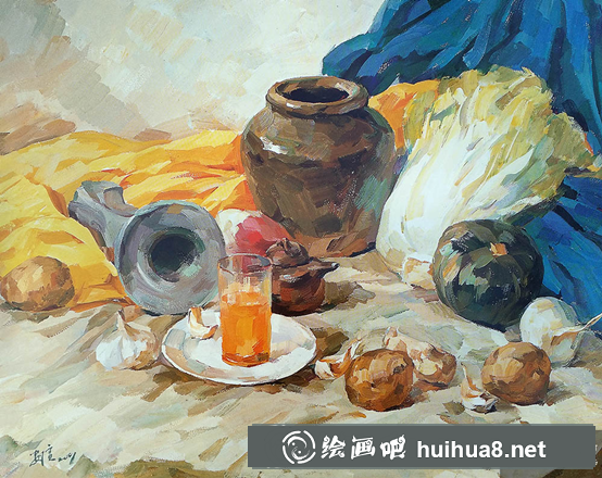 靜物水彩畫教程（黃綠襯布、水杯、白菜、土豆、蘿卜組合）