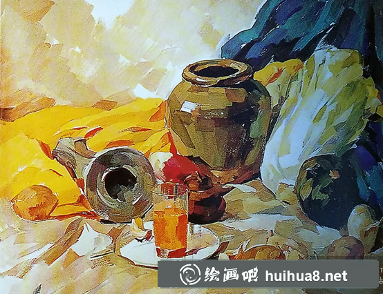 靜物水彩畫教程（黃綠襯布、水杯、白菜、土豆、蘿卜組合）