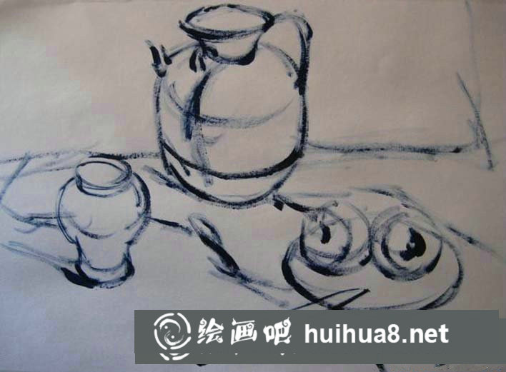 簡單靜物水粉畫步驟圖：罐子,盤子,蘋果,水果刀靜物組合水粉畫法