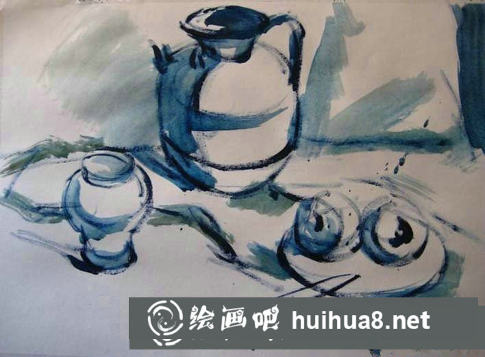 簡單靜物水粉畫步驟圖：罐子,盤子,蘋果,水果刀靜物組合水粉畫法