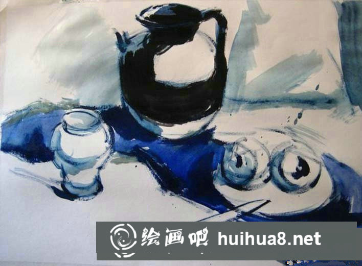 簡單靜物水粉畫步驟圖：罐子,盤子,蘋果,水果刀靜物組合水粉畫法