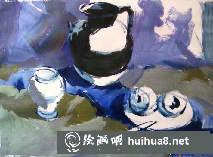 簡單靜物水粉畫步驟圖：罐子,盤子,蘋果,水果刀靜物組合水粉畫法