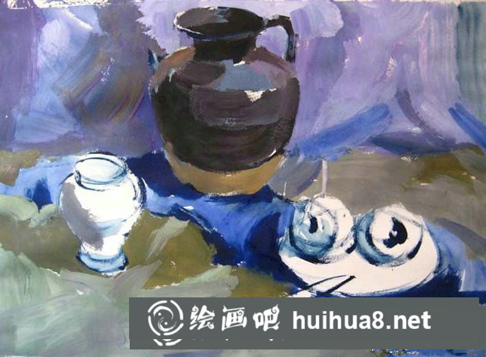 簡單靜物水粉畫步驟圖：罐子,盤子,蘋果,水果刀靜物組合水粉畫法