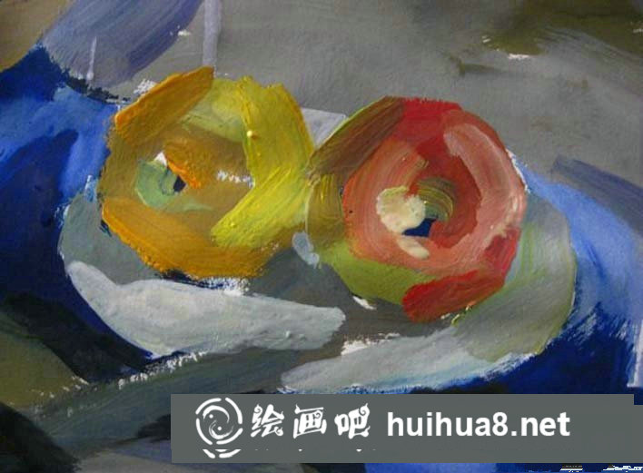簡單靜物水粉畫步驟圖：罐子,盤子,蘋果,水果刀靜物組合水粉畫法