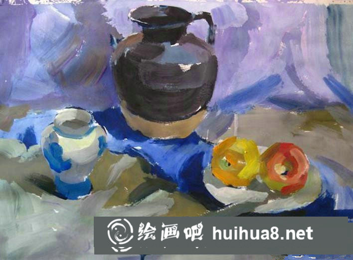 簡單靜物水粉畫步驟圖：罐子,盤子,蘋果,水果刀靜物組合水粉畫法