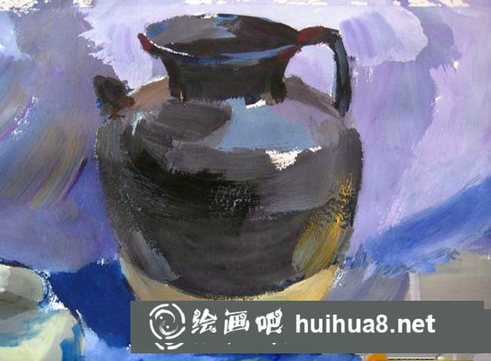 簡單靜物水粉畫步驟圖：罐子,盤子,蘋果,水果刀靜物組合水粉畫法