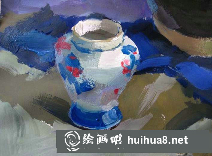 簡單靜物水粉畫步驟圖：罐子,盤子,蘋果,水果刀靜物組合水粉畫法