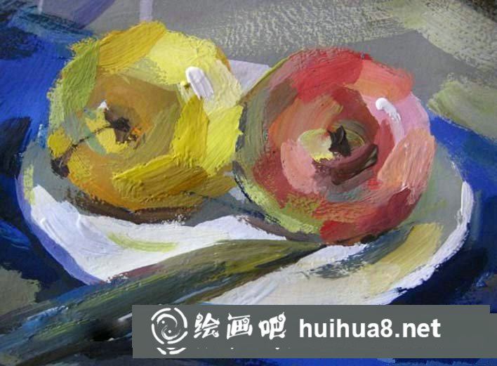 簡單靜物水粉畫步驟圖：罐子,盤子,蘋果,水果刀靜物組合水粉畫法