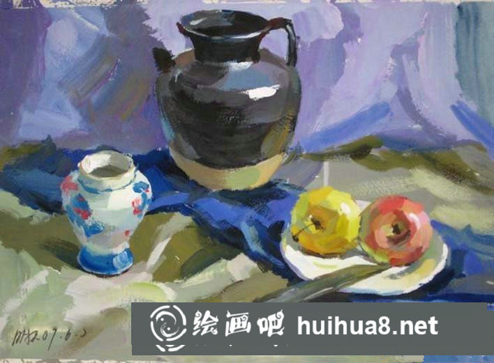 簡單靜物水粉畫步驟圖：罐子,盤子,蘋果,水果刀靜物組合水粉畫法