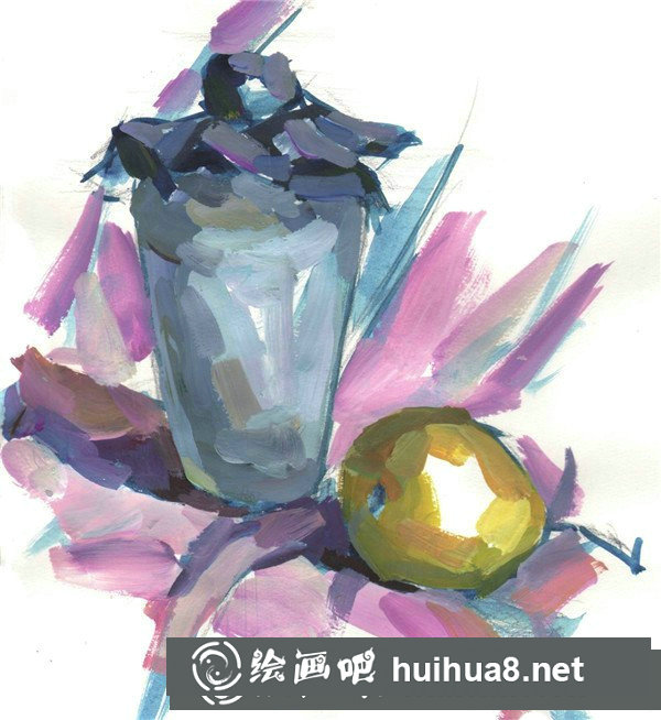 畫水粉靜物梨的步驟，水粉酒瓶和梨的繪畫教程