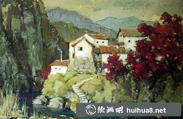 鄉(xiāng)村風(fēng)景水粉畫：鄉(xiāng)村山水風(fēng)景溪流房子水粉畫教程