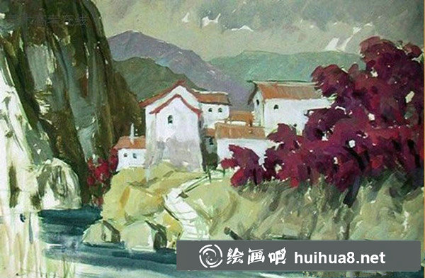 鄉(xiāng)村風(fēng)景水粉畫：鄉(xiāng)村山水風(fēng)景溪流房子水粉畫教程