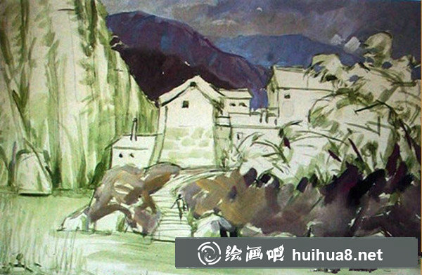 鄉(xiāng)村風(fēng)景水粉畫：鄉(xiāng)村山水風(fēng)景溪流房子水粉畫教程