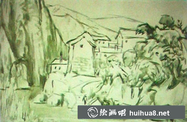 鄉(xiāng)村風(fēng)景水粉畫：鄉(xiāng)村山水風(fēng)景溪流房子水粉畫教程