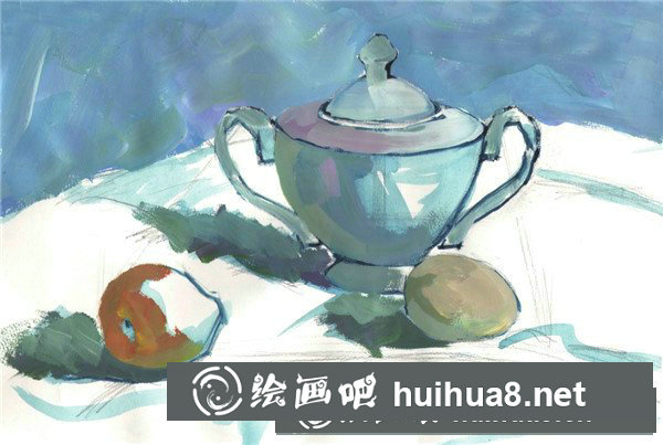 水粉靜物組合步驟：瓷壺、水果和雞蛋組合的教程