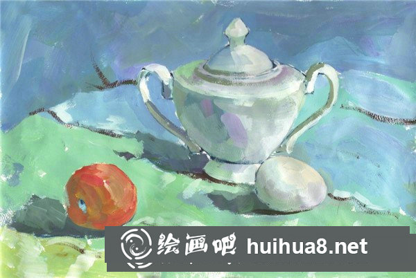 靜物組合寫生：水粉靜物罐子水果組合畫法